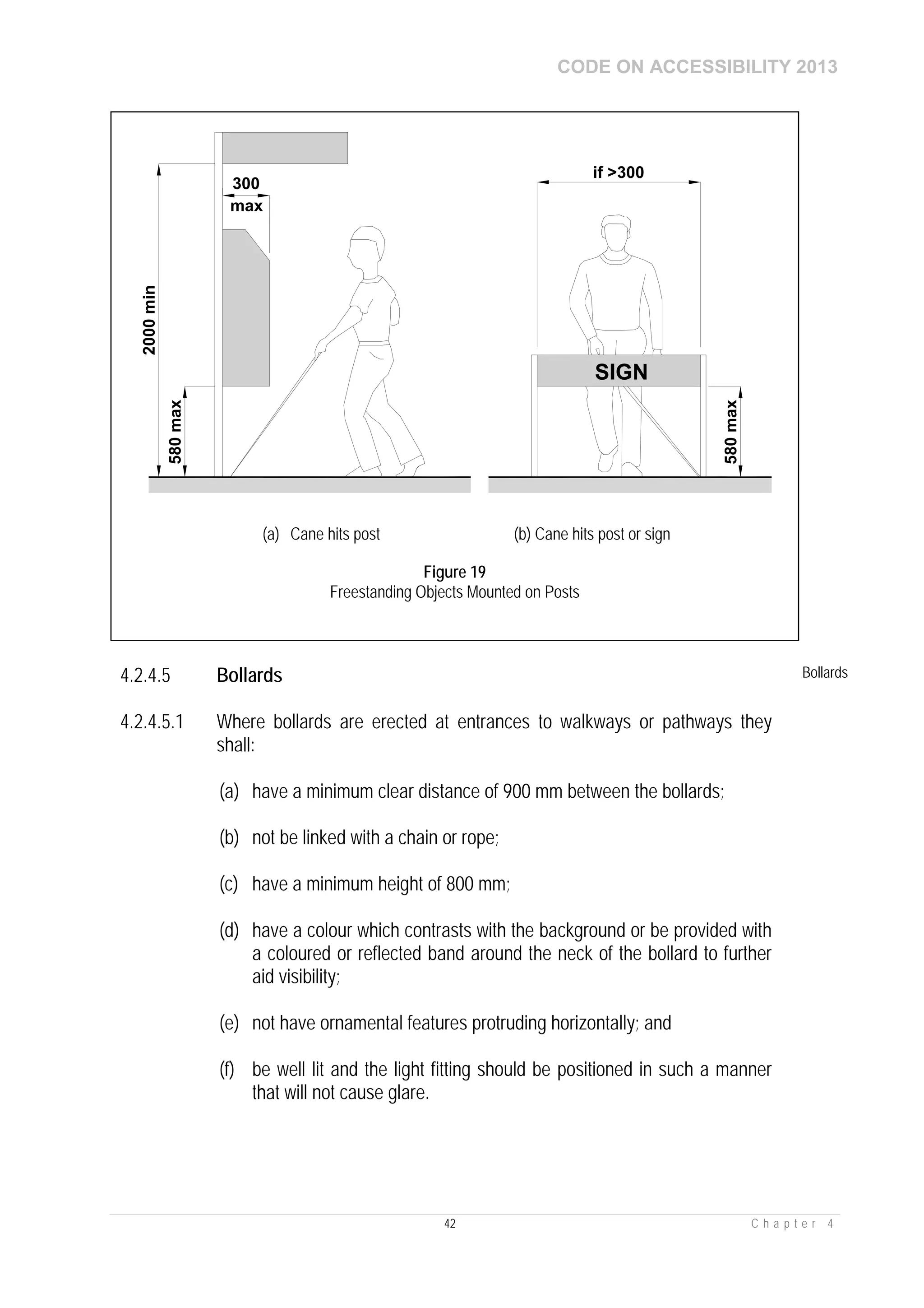 CODE ON ACCESSIBILITY 2013
42 C h a p t e r 4
4.2.4.5 Bollards Bollards
4.2.4.5.1 Where bollards are erected at entrances to walkways or pathways they
shall:
(a) have a minimum clear distance of 900 mm between the bollards;
(b) not be linked with a chain or rope;
(c) have a minimum height of 800 mm;
(d) have a colour which contrasts with the background or be provided with
a coloured or reflected band around the neck of the bollard to further
aid visibility;
(e) not have ornamental features protruding horizontally; and
(f) be well lit and the light fitting should be positioned in such a manner
that will not cause glare.
580max
2000min
300
max
580max
SIGN
if >300
(a) Cane hits post (b) Cane hits post or sign
Figure 19
Freestanding Objects Mounted on Posts
 