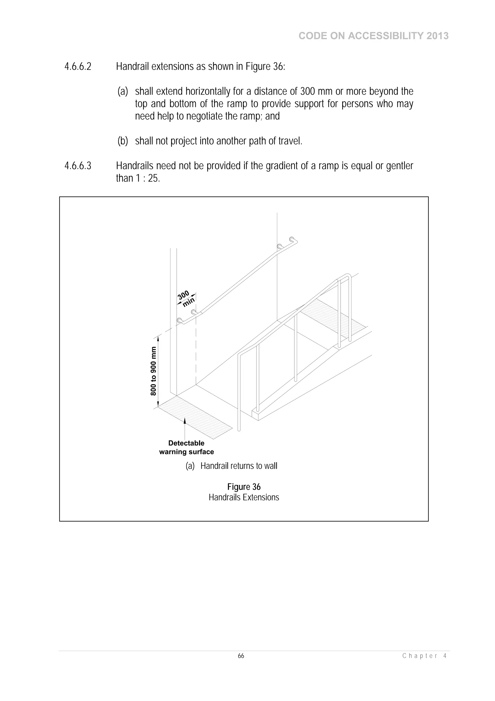 CODE ON ACCESSIBILITY 2013
66 C h a p t e r 4
4.6.6.2 Handrail extensions as shown in Figure 36:
(a) shall extend horizontally for a distance of 300 mm or more beyond the
top and bottom of the ramp to provide support for persons who may
need help to negotiate the ramp; and
(b) shall not project into another path of travel.
4.6.6.3 Handrails need not be provided if the gradient of a ramp is equal or gentler
than 1 : 25.
min300
800to900mm
Detectable
warning surface
(a) Handrail returns to wall
Figure 36
Handrails Extensions
 