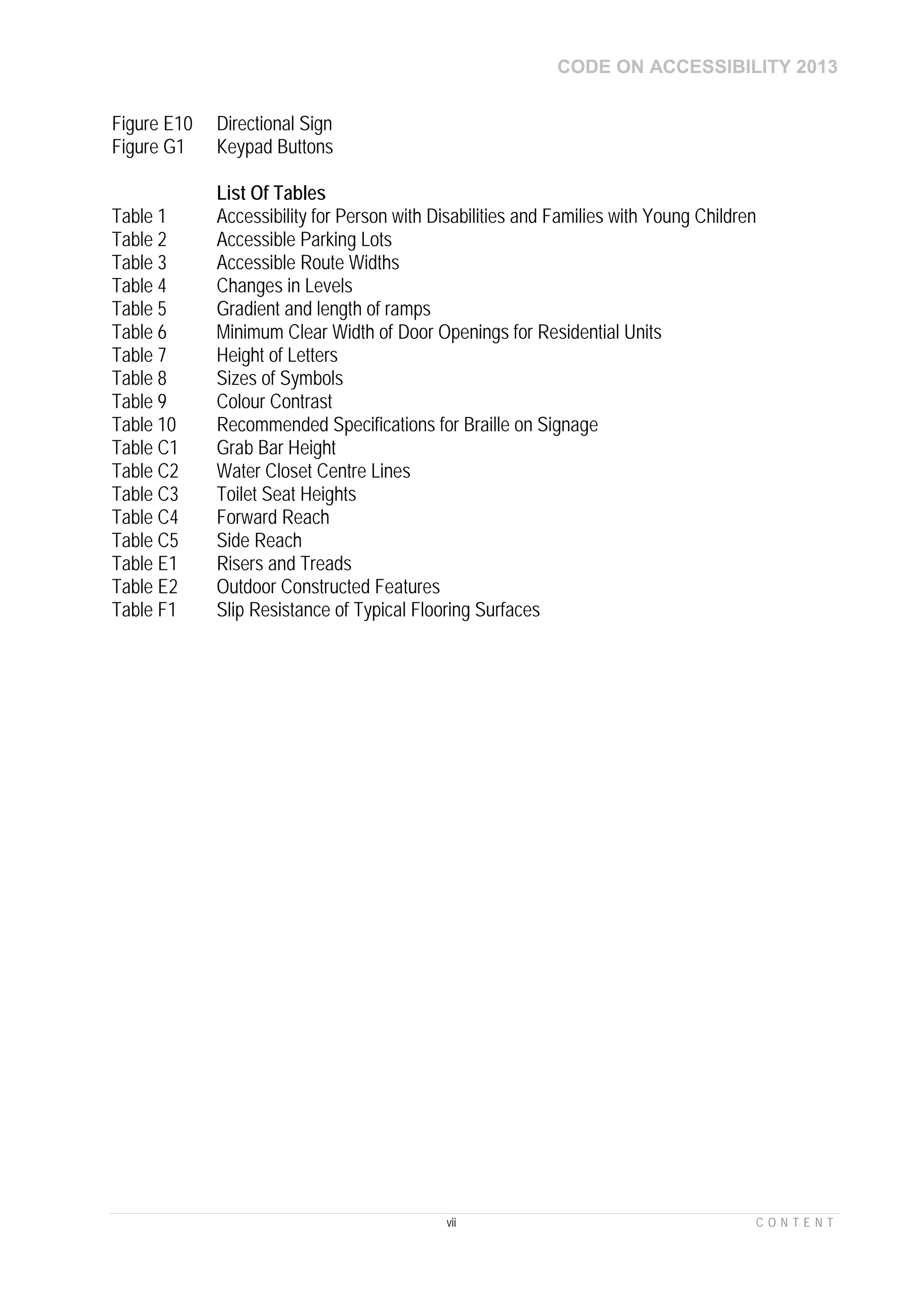 CODE ON ACCESSIBILITY 2013
vii C O N T E N T
Figure E10 Directional Sign
Figure G1 Keypad Buttons
List Of Tables
Table 1 Accessibility for Person with Disabilities and Families with Young Children
Table 2 Accessible Parking Lots
Table 3 Accessible Route Widths
Table 4 Changes in Levels
Table 5 Gradient and length of ramps
Table 6 Minimum Clear Width of Door Openings for Residential Units
Table 7 Height of Letters
Table 8 Sizes of Symbols
Table 9 Colour Contrast
Table 10 Recommended Specifications for Braille on Signage
Table C1 Grab Bar Height
Table C2 Water Closet Centre Lines
Table C3 Toilet Seat Heights
Table C4 Forward Reach
Table C5 Side Reach
Table E1 Risers and Treads
Table E2 Outdoor Constructed Features
Table F1 Slip Resistance of Typical Flooring Surfaces
 