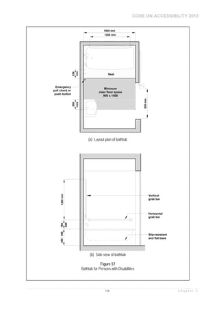 CODE ON ACCESSIBILITY 2013
116 C h a p t e r 5
850min
300
max
250
min
1200 min
Minimum
clear floor space
900 x 1500
1500 min
(a) Layout plan of bathtub
180-1200min
280
450-480
Vertical
grab bar
Horizontal
grab bar
Slip-resistant
and flat base
(b) Side view of bathtub
Figure 57
Bathtub for Persons with Disabilities
 