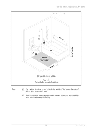 CODE ON ACCESSIBILITY 2013
117 C h a p t e r 5
Note: (1) Tap controls should be located close to the outside of the bathtub for ease of
access by persons in wheelchairs.
(2) Bathtub provision is not encouraged as older persons and persons with disabilities
prefer to use roll-in shower for bathing.
Minimum
clear floor space
900 x 1500
1200min
180 - 280
1200 min
450
max
850 min
180-280
300
max
450-480
Seat
Location of control
(c) Isometric view of bathtub
Figure 57
Bathtub for Persons with Disabilities
 