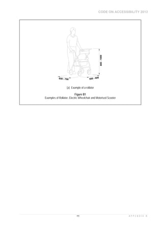 CODE ON ACCESSIBILITY 2013
191 A P P E N D I X B
650 - 700 500 - 600
800-1000
(a) Example of a rollator
Figure B1
Examples of Rollator, Electric Wheelchair and Motorised Scooter
 
