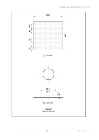 CODE ON ACCESSIBILITY 2013
213 A P P E N D I X D
300
300
50501525
(a) Top view
35 1
25 1
51
(b) Stud detail
Figure D5
Warning Indicators
 