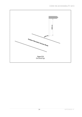 CODE ON ACCESSIBILITY 2013
236 A P P E N D I X E
2200min
600 min
Outdoor Recreation Access Route
Figure E10
Directional Sign
 