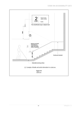 CODE ON ACCESSIBILITY 2013
84 C h a p t e r 4
2STOREY
Continuous handrail
Detectable warning surface
300
min
Floor identification sign on adjacent wall
800-1000
1STOREY
2STOREY
Braille
Raised tactile
storey number
1500
2
Braille and tactile
information at
upper and lower
ends of handrails
(c) Example of Braille and tactile information in a staircase
Figure 44
Staircase
 