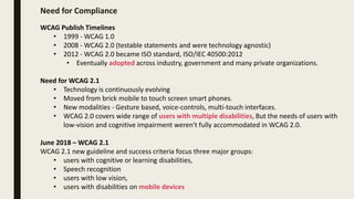 Need for Compliance
WCAG Publish Timelines
• 1999 - WCAG 1.0
• 2008 - WCAG 2.0 (testable statements and were technology agnostic)
• 2012 - WCAG 2.0 became ISO standard, ISO/IEC 40500:2012
• Eventually adopted across industry, government and many private organizations.
Need for WCAG 2.1
• Technology is continuously evolving
• Moved from brick mobile to touch screen smart phones.
• New modalities - Gesture based, voice-controls, multi-touch interfaces.
• WCAG 2.0 covers wide range of users with multiple disabilities, But the needs of users with
low-vision and cognitive impairment weren't fully accommodated in WCAG 2.0.
June 2018 – WCAG 2.1
WCAG 2.1 new guideline and success criteria focus three major groups:
• users with cognitive or learning disabilities,
• Speech recognition
• users with low vision,
• users with disabilities on mobile devices
 