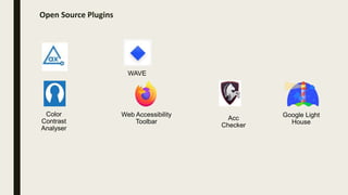 Open Source Plugins
Color
Contrast
Analyser
Google Light
House
Acc
Checker
Web Accessibility
Toolbar
WAVE
 