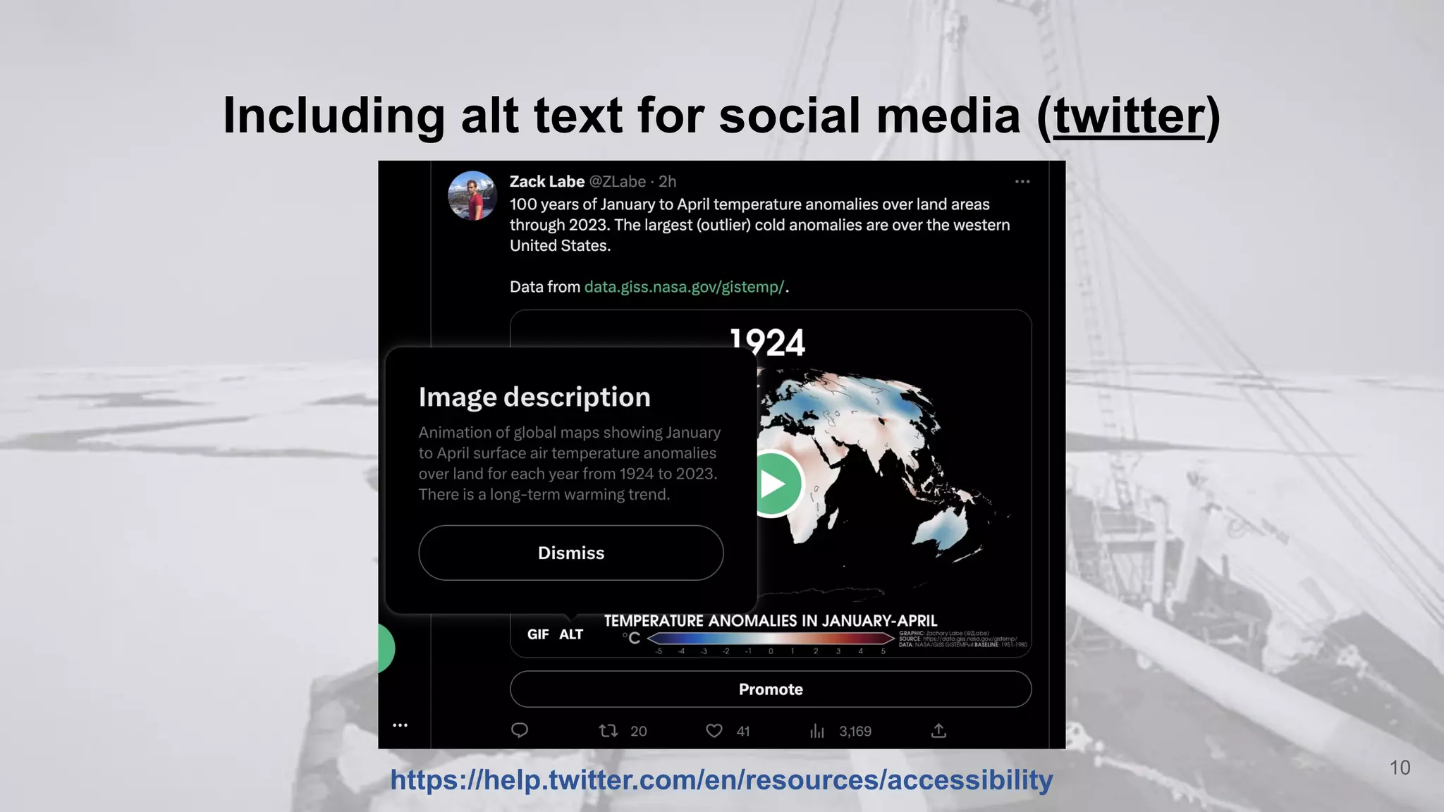 Including alt text for social media (twitter)
10
https://help.twitter.com/en/resources/accessibility
 