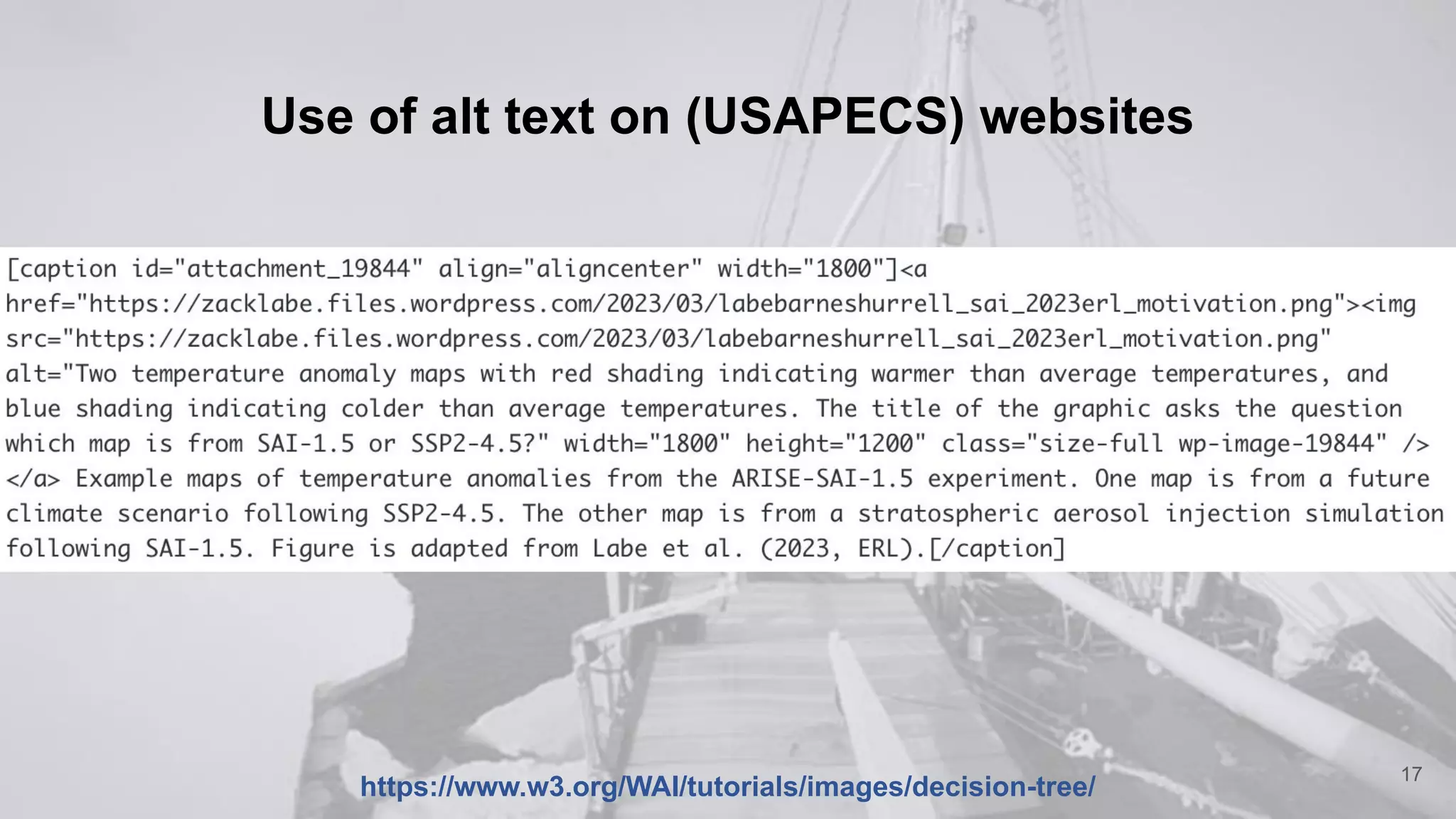 Use of alt text on (USAPECS) websites
17
https://www.w3.org/WAI/tutorials/images/decision-tree/
 