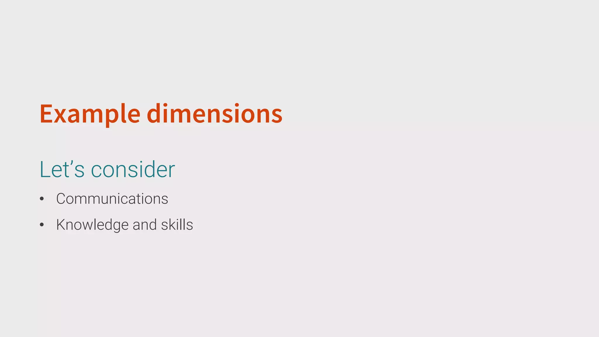 • Communications
• Knowledge and skills
Example dimensions
Let’s consider
 