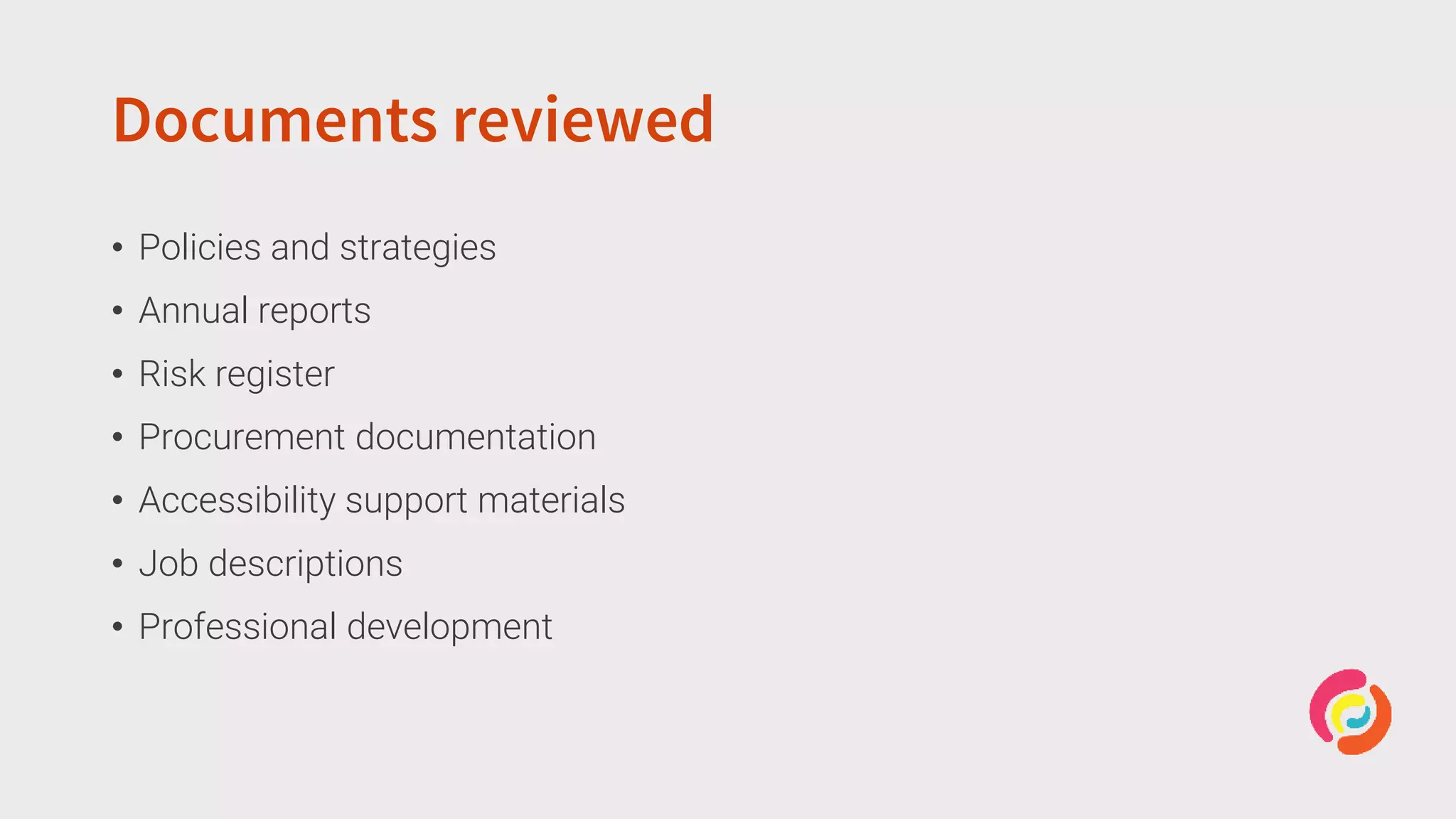 Documents reviewed
• Policies and strategies
• Annual reports
• Risk register
• Procurement documentation
• Accessibility support materials
• Job descriptions
• Professional development
 