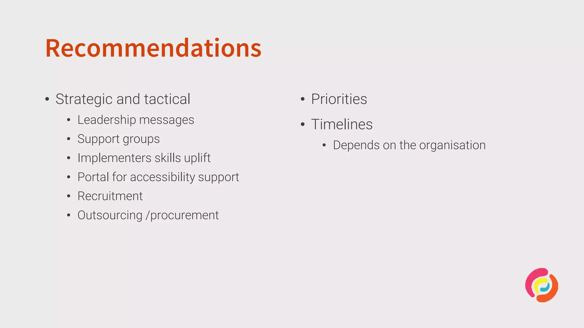 Recommendations
• Strategic and tactical
• Leadership messages
• Support groups
• Implementers skills uplift
• Portal for accessibility support
• Recruitment
• Outsourcing /procurement
• Priorities
• Timelines
• Depends on the organisation
 