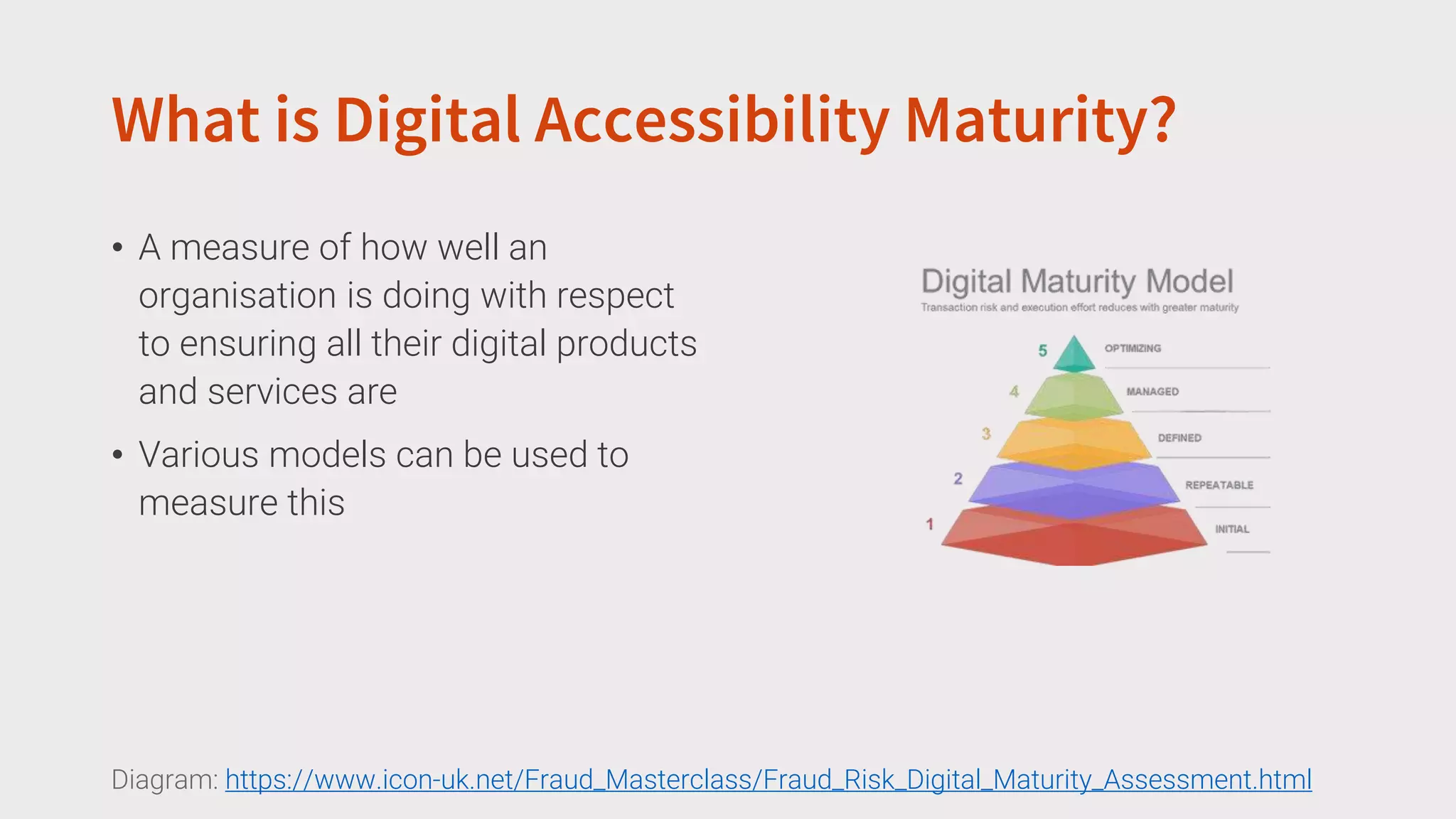 What is Digital Accessibility Maturity?
• A measure of how well an
organisation is doing with respect
to ensuring all their digital products
and services are
• Various models can be used to
measure this
Diagram: https://www.icon-uk.net/Fraud_Masterclass/Fraud_Risk_Digital_Maturity_Assessment.html
 