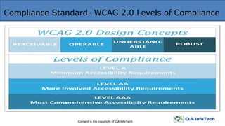 Compliance Standard- WCAG 2.0 Levels of Compliance
Content is the copyright of QA InfoTech
 