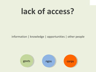 lack of access?  govts ngos corps information | knowledge | opportunities | other people  