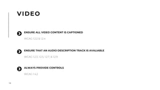 14
VIDEO
ENSURE THAT AN AUDIO DESCRIPTION TRACK IS AVALIABLE
WCAG 1.2.3, 1.2.5, 1.2.7, & 1.2.9
"
ALWAYS PROVIDE CONTROLS
WCAG 1.4,2
"
ENSURE ALL VIDEO CONTENT IS CAPTIONED
WCAG 1.2.2 & 1.2.4
"
 