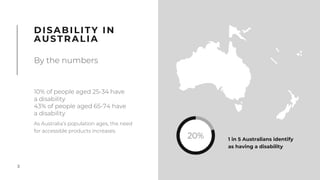 3
DISABILITY IN
AUSTRALIA
By the numbers
20% 1 in 5 Australians identify
as having a disability
10% of people aged 25-34 have
a disability
43% of people aged 65-74 have
a disability
As Australia’s population ages, the need
for accessible products increases.
 