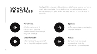 4
WCAG 2.1
PRINCIPLES
As of WCAG 2.1, there are 80 guidelines. 50 of these need to be met to
reach AA compliance. Fortunately, these guidelines follow some
simple design principles which will keep you out of trouble most of
the time.
Perceivable
All information and UI
components must be
presentable to users in ways
they can perceive
Understandable
Information and operation of
the UI must be understandable
Operable
UI Components and navigation
must be operable
Robust
Content must be robust
enough that it can be
interpreted by most devices
 