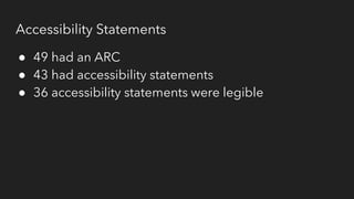 Accessibility Statements
● 49 had an ARC
● 43 had accessibility statements
● 36 accessibility statements were legible
 