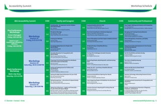 Accessibility Summit                                                                                                                                                                                     Workshop Schedule




             2011 Accessibility Summit                 CODE              Family and Caregiver                          CODE                           Church                               CODE          Community and Professional

                                                              Including Dad—An Important Link for Children                    Keeping Disability Ministry Safe                                    Easy Targets: Bullying and Students with Disabilities
                                                              with Special Needs                                              Jim Pierson, CCFH Ministries                                        Dr. Vicky Spencer
                                                        1-1   W.C. Hoecke                                               1-5   Jackie Mills-Fernald, McLean Bible Church                     1-9   George Mason University and Helen A. Kellar Institute
                                                              Family Connection of South Carolina
   Pre-Conference
     Workshops                                                The Special Marriage                                            Revolutionizing Respite: A Relational Approach                      Managing and Treating Extreme Behaviors
                                                              Tim Sweeney, LCSW                                               Rebecca Hamiliton, Key Ministry                                     Dr. Michael Kronen
    Access UNplugged                                    1-2   Dawn Sweeney, Save the Children                           1-6   Libby Peterson, Bay Presbyterian Church                      1-10   Department of Pediatrics
   Friday, 3:00-5:00 PM           Workshop                                                                                                                                                        Inova Fairfax Hospital for Children
                                   Session #1                 Listening for Wellness                                          Power of Perceptions and Their Impact on Radical Inclusion          Seizure Recognition, Prevention, and Safety
      Built to Last—           Friday, 8:15-9:15 PM           Laurie Chuba                                                    Debbie Getty Engle                                                  Dana Douglas
                                                        1-3   Learning Integrations                                     1-7   Heartland Community Church                                   1-11   Epilepsy Foundation of Virginia
  Sustaining a Disability
         Ministry
   Friday, 3:00-5:00 PM                                       Increasing Independence for People with                         Bridging the Gap in Disability Ministry                             Telecommunication Developments for the Visually
                                                              Special Needs                                                   Amy Kendall                                                         and Hearing-Impaired
                                                        1-4   Larrie Ellen Randall                                      1-8   Saddleback Church                                            1-12   Mike Starling
                                                              Starfish Savers                                                                                                                     National Public Radio

                                                              Sexuality Education for Young Adults with                       Turning Life’s Challenges into God’s Victories                      See the Possibilities and Seize the Day
                                                              Special Needs                                                   Jon Sheptock                                                        Suzanne Noble
                                                        2-1   Sherrie Vavrichek & Kay Tolle                            2-4    Jon Sheptock Ministries                                       2-7   Evidence Performing Arts Center
                                                              Life Cycle Education Consultants

                                                              Choosing & Prioritizing Therapies for Individuals               Reconciling Dreams, Banishing Guilt, and Overcoming                 The Crisis in Disability Housing
                                  Workshop                    with Autism Spectrum Disorders                                  Grief                                                               JaLynn Prince
                                  Session #2           2-2    Patricia Lemer                                           2-5    Jolene Philo                                                 2-8    Madison House Foundation
                            Saturday, 10:45-12:00 PM          Developmental Delay Resources                                   Author of A Different Dream for My Child

                                                              Eating and Feeding Issues for Children with                     Ready, Set, GO—Launching a Disability Ministry                      Autism and My Sensory-Based World
   Post-Conference                                     2-3
                                                              Special Needs
                                                                                                                       2-6
                                                                                                                              Jackie Mills-Fernald
                                                                                                                                                                                           2-9
                                                                                                                                                                                                  Dr. Temple Grandin
                                                              Dr. Anil Darbari                                                McLean Bible Church                                                 Professor, Author, and Advocate
      Workshop                                                Children’s National Medical Center
    Walk in My Shoes                                          Getting the Right Special Education for your Child              Communicating Without Opening Your Mouth                            Assistive Technology: Advocating Present & Future
  Saturday, 3:15-4:45 PM                                3-1   Bill and Vanessa Brownley                                3-4    Barbara Newman                                                3-7   Mark Smith
                                                              Brownley Law Group                                              Author of Autism and Your Church                                    Education Study Group

                                                              Sibling Perspectives—Life as Part of a Special Family           Fully Integrating People of All Abilities into the Church           Facilitating Social Connections for Young Adults with
                                                                                                                                                                                                  Disabilities
                                  Workshop             3-2
                                                              W.C. Hoecke, Moderator
                                                              Family Connection of South Carolina                      3-5
                                                                                                                              Connie Hutchinson
                                                                                                                              First Evangelical Free Church                                3-8    Donna Goldbranson
                                   Session #3                                                                                                                                                     SPARC
                              Saturday, 1:30-3:00 PM          Taking Care of Business—Legally and Financially—                Inclusion Outreach: Reaching OUT to Bring Them IN                   Autism: A Comprehensive Overview of Diagnosis,
                                                              for your Child with Special Needs                               Harmony Hensley                                                     Treatment, and Research
                                                       3-3    Michael Toobin, Esquire, Law Offices of Michael Toobin   3-6    Vineyard Community Church and Key Ministry                   3-9    Dr. Michael Oberschneider; Dr. Amy Gordon;
                                                              Sheri Abrams, Attorney, Needham, Mitnick & Pollack                                                                                  Dr. Margaret Wong; Dr. Jay Lucker
                                                              Maedi Tanham Carney, M & L Special Needs Planning                                                                                   Ashburn Psychological Services




8 Discover • Connect • Grow                                                                                                                                                                                       www.AccessibilitySummit.org 9
 