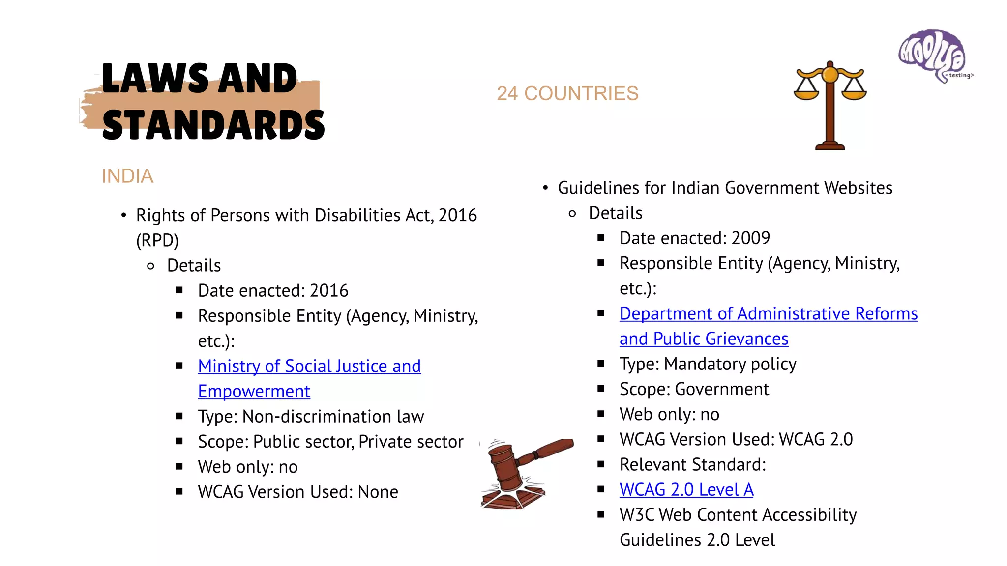 LAWS AND
STANDARDS
• Rights of Persons with Disabilities Act, 2016
(RPD)
⚬ Details
￭ Date enacted: 2016
￭ Responsible Entity (Agency, Ministry,
etc.):
￭ Ministry of Social Justice and
Empowerment
￭ Type: Non-discrimination law
￭ Scope: Public sector, Private sector
￭ Web only: no
￭ WCAG Version Used: None
INDIA
24 COUNTRIES
• Guidelines for Indian Government Websites
⚬ Details
￭ Date enacted: 2009
￭ Responsible Entity (Agency, Ministry,
etc.):
￭ Department of Administrative Reforms
and Public Grievances
￭ Type: Mandatory policy
￭ Scope: Government
￭ Web only: no
￭ WCAG Version Used: WCAG 2.0
￭ Relevant Standard:
￭ WCAG 2.0 Level A
￭ W3C Web Content Accessibility
Guidelines 2.0 Level
 