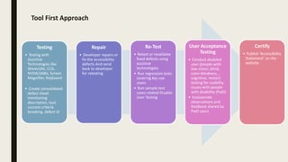 Tool First Approach
Testing
• Testing with
Assistive
Technologies like
Wave/aXe, CCA,
NVDA/JAWs, Screen
Magnifier, Keyboard
• Create consolidated
defect sheet
mentioning
description, tool,
success criteria
breaking, defect id
Repair
• Developer repairs or
fix the accessibility
defects And send
back to developer
for retesting
Re-Test
• Retest or revalidate
fixed defects using
assistive
technologies
• Run regression tests
covering key use
cases
• Run sample test
cases related Disable
User Testing
User Acceptance
Testing
• Conduct disabled
user (people with
low vision, blind,
color blindness, ,
cognitive, motor)
testing for usability
issues with people
with disability (PwD)
• Incorporate
observations and
feedback shared by
PwD users
Certify
• Publish ‘Accessibility
Statement’ on the
website
 