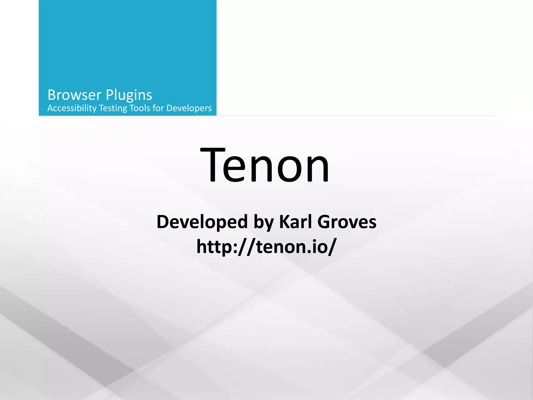 Browser Plugins
Accessibility Testing Tools for Developers
Tenon
Developed by Karl Groves
http://tenon.io/
 