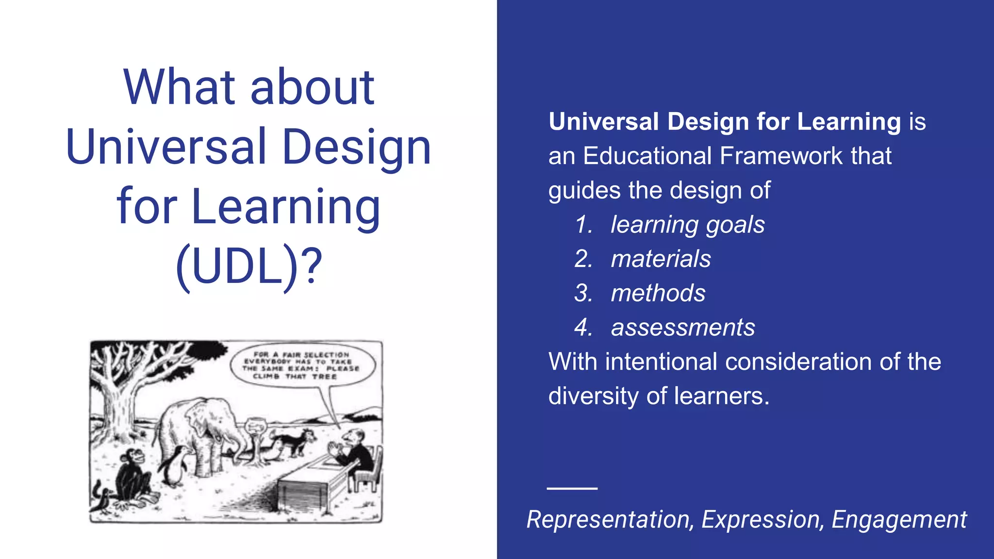 What about
Universal Design
for Learning
(UDL)?
Representation, Expression, Engagement
Universal Design for Learning is
an Educational Framework that
guides the design of
1. learning goals
2. materials
3. methods
4. assessments
With intentional consideration of the
diversity of learners.
 