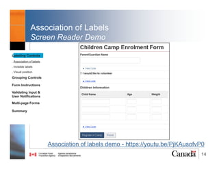 14
Labeling Controls
• “Associating labels with form controls allows
assistive technology to recognize the label and
present it to the user”WCAG WG, EOWG (2015, March 2)
• Possible ways of associating labels and form
controls:
1. <label> & for/id attributes (recommended)
2. aria-labelledby attribute
3. wrapping <label> around text and control
Reference:
WCAG WG, EOWG (2015, March 2). Forms Concepts. Retrieved from http://www.w3.org/WAI/tutorials/forms/
Labeling Controls
. Association of labels
. Invisible labels
. Visual position
Grouping Controls
Form Instructions
Validating Input &
User Notifications
Multi-page Forms
Dialog Boxes
Summary
@RubysDo “Accessible & Usable Web Forms. Your How To Guide!” http://bit.do/webforms
 