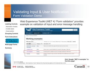 32
Form Instructions
2.2.arai-describedby (1)
• Use aria-describedby to associate instructions with
form fields while there is a form label.
• Instructions will be available to users when the form
control has focus
Reference:
W3C, ARIA1: Using the aria-describedby property to provide a descriptive label for user interface controls. Retrieved from https://www.w3.org/TR/WCAG20-TECHS/ARIA1.html
WCAG WG, EOWG (2015, March 2). Forms Concepts. Retrieved from http://www.w3.org/WAI/tutorials/forms/
W3C, WCAG 3.3.2 Labels or Instructions. Retrieved from http://www.w3.org/TR/UNDERSTANDING-WCAG20/minimize-error-cues.html
WEBAIM, Creating Accessible Forms. Retrieved from http://webaim.org/techniques/forms/advanced
Labeling Controls
. Association of labels
. Invisible labels
. Visual position
Grouping Controls
Form Instructions
Validating Input &
User Notifications
Multi-page Forms
Dialog Boxes
Summary
@RubysDo “Accessible & Usable Web Forms. Your How To Guide!” http://bit.do/webforms
 