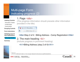 36
Form Instructions
3. Instruction between form elements
• Add tabindex=“0“ to instruction between form
elements to receive focus and be included in the
natural tab order
Labeling Controls
. Association of labels
. Invisible labels
. Visual position
Grouping Controls
Form Instructions
Validating Input &
User Notifications
Multi-page Forms
Dialog Boxes
Summary
<p tabindex=“0”>Once Click offers
you convenient features to modify your
online content</p>
<p tabindex=“0”>Please ensure
accuracy of input before submitting
the form</p>
@RubysDo “Accessible & Usable Web Forms. Your How To Guide!” http://bit.do/webforms
 