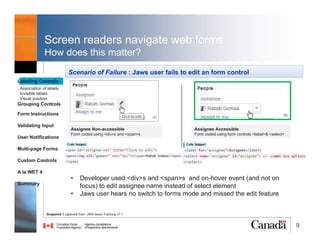 9
Using WAI-ARIA (3)
Keyboard Demo
<button> vs. <a role="button“> when pressing "spacebar" key
https://youtu.be/KCyC9CUFiDw
Notice:
Pressing “Spacebar” key on a link makes the page scroll down. The link is not activated.
•<button> can be activated using “Enter” or Spacebar” keyboard keys .
•<a>, <a role=“button”> can be activated using “Enter” key only.
@RubysDo “Accessible & Usable Web Forms. Your How To Guide!” http://bit.do/webforms
<button> vs <a role=“button”>
 