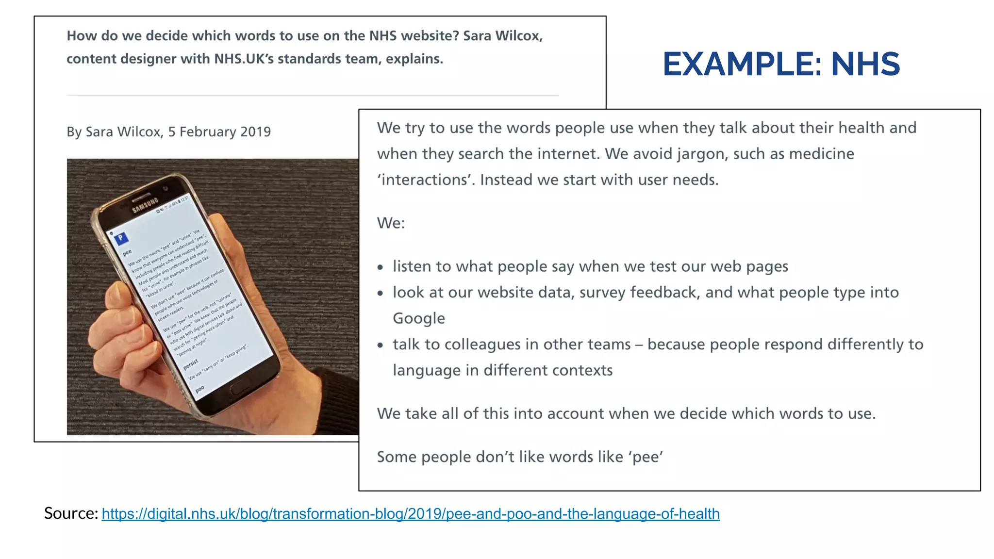 EXAMPLE: NHS
Source: https://digital.nhs.uk/blog/transformation-blog/2019/pee-and-poo-and-the-language-of-health
 