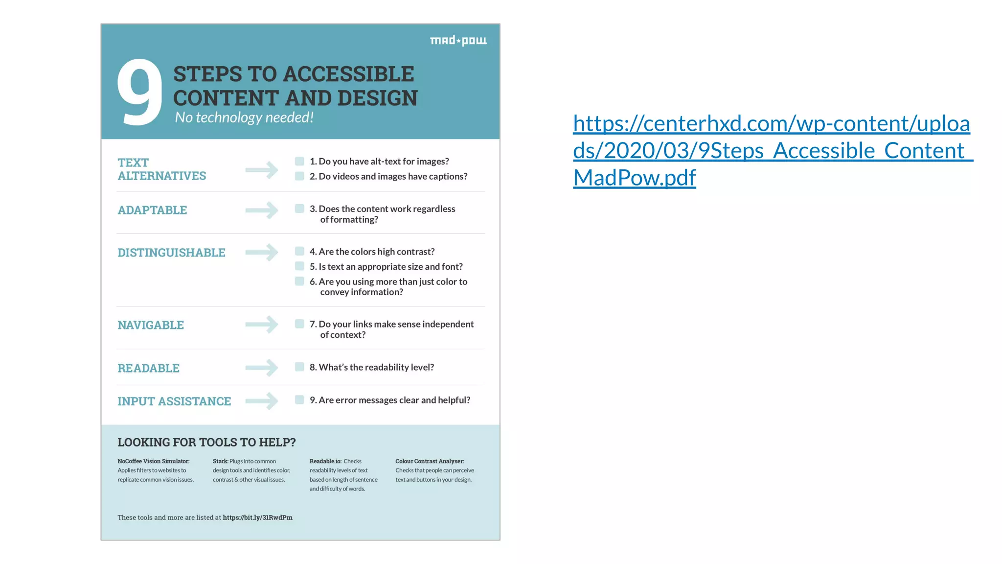 https://centerhxd.com/wp-content/uploa
ds/2020/03/9Steps_Accessible_Content_
MadPow.pdf
 