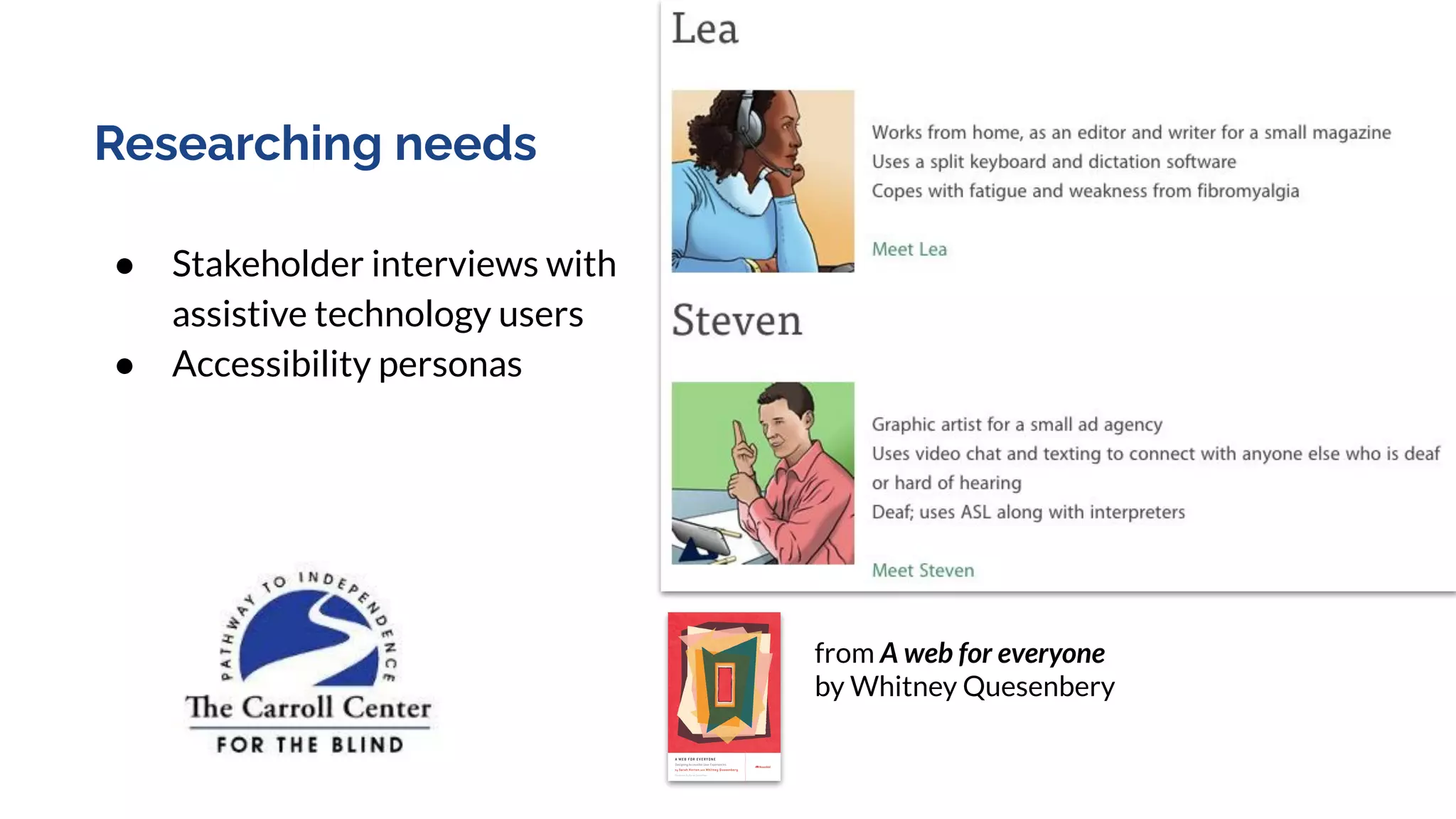 Researching needs
● Stakeholder interviews with
assistive technology users
● Accessibility personas
from A web for everyone
by Whitney Quesenbery
 