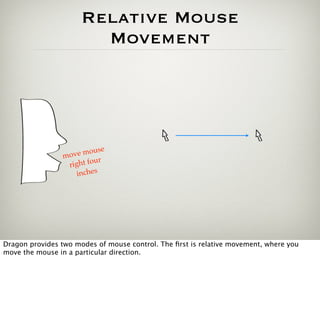 Relative Mouse
                        Movement




                            e
                mov e mous
                 rig ht four
                    inches




Dragon provides two modes of mouse control. The ﬁrst is relative movement, where you
move the mouse in a particular direction.
 
