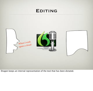 Editing




                             sh
                  Wh en I wi
                             ud
                  upo n a clo




Dragon keeps an internal representation of the text that has been dictated.
 