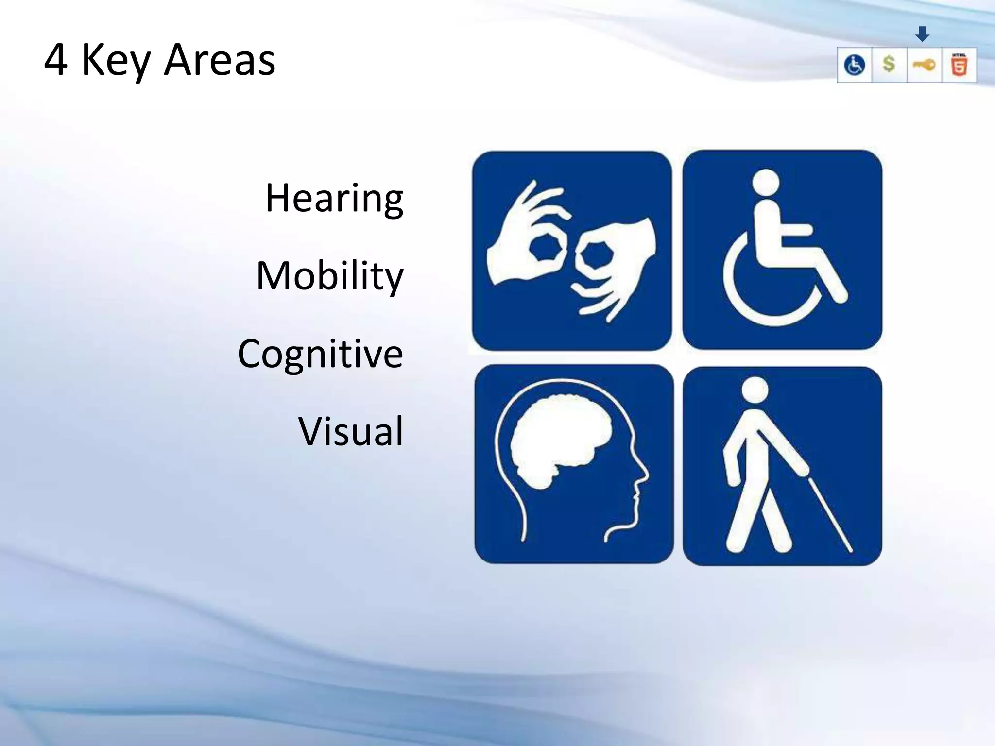 4 Key Areas

          Hearing
         Mobility
         Cognitive
              Visual
 