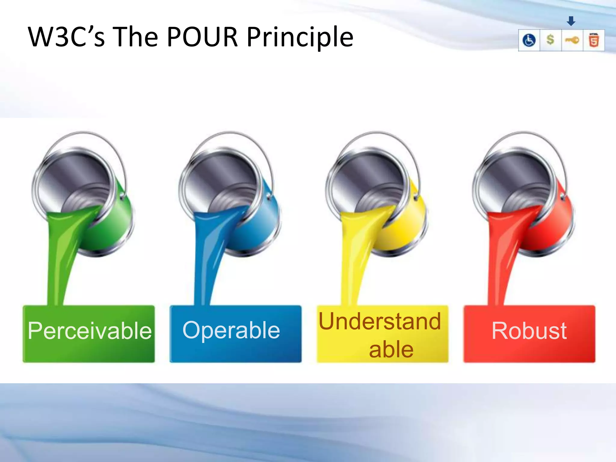 W3C’s The POUR Principle




Perceivable   Operable   Understand   Robust
                             able
 