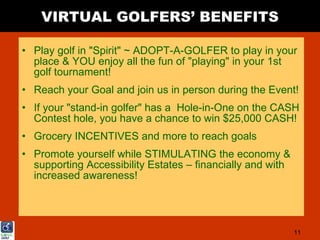 VIRTUAL GOLFERS’ BENEFITS

• Play golf in "Spirit" ~ ADOPT-A-GOLFER to play in your
  place & YOU enjoy all the fun of "playing" in your 1st
  golf tournament!
• Reach your Goal and join us in person during the Event!
• If your "stand-in golfer" has a Hole-in-One on the CASH
  Contest hole, you have a chance to win $25,000 CASH!
• Grocery INCENTIVES and more to reach goals
• Promote yourself while STIMULATING the economy &
  supporting Accessibility Estates – financially and with
  increased awareness!




                                                            11
 