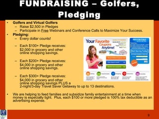 FUNDRAISING – Golfers,
              Pledging
•   Golfers and Virtual Golfers
     – Raise $2,500 in Pledges
     – Participate in Free Webinars and Conference Calls to Maximize Your Success.
•   Pledging:
     – Every dollar counts!

     – Each $100+ Pledge receives:
       $2,000 in grocery and other
       online shopping savings.

     – Each $200+ Pledge receives:
       $4,000 in grocery and other
       online shopping savings.

     – Each $300+ Pledge receives:
       $4,000 in grocery and other
       online shopping savings PLUS a
       2-night/3-day Travel Saver Getaway to up to 13 destinations.

•   We are helping to feed families and subsidize family entertainment at a time when
    money is especially tight. Plus, each $100 or more pledged is 100% tax deductible as an
    advertising expense.



                                                                                        9
 