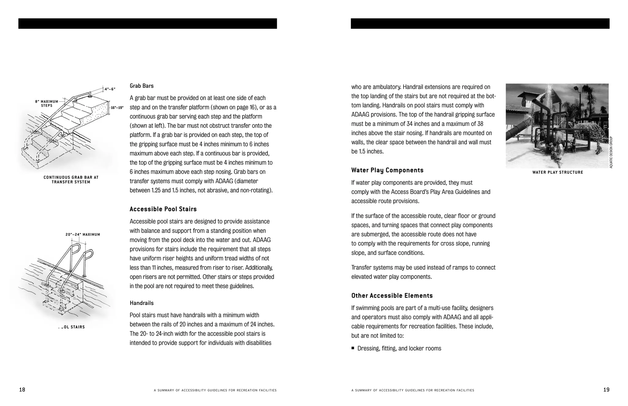 accessible swimming pools and spas                                                                                                                                                                    accessible swimming pools and spas




                                                  4 ”– 6 ”
                                                                Grab Bars                                                                     who are ambulatory. Handrail extensions are required on
                                                                A grab bar must be provided on at least one side of each                      the top landing of the stairs but are not required at the bot­
       8” MAXIMUM
          STEPS                                       16”–19”   step and on the transfer platform (shown on page 16), or as a                 tom landing. Handrails on pool stairs must comply with
                                                                continuous grab bar serving each step and the platform                        ADAAG provisions. The top of the handrail gripping surface
                                                                (shown at left). The bar must not obstruct transfer onto the                  must be a minimum of 34 inches and a maximum of 38
                                                                platform. If a grab bar is provided on each step, the top of                  inches above the stair nosing. If handrails are mounted on




                                                                                                                                                                                                                                                                  AQUATIC DESIGN GROUP
                                                                the gripping surface must be 4 inches minimum to 6 inches                     walls, the clear space between the handrail and wall must
                                                                maximum above each step. If a continuous bar is provided,                     be 1.5 inches.
                                                                the top of the gripping surface must be 4 inches minimum to
                                                                6 inches maximum above each step nosing. Grab bars on                         Water Play Components                                                        WAT E R PL AY S T R U C T U R E
          C ON T IN U O U S GR A B B A R AT
              TRANSFER SYSTEM                                   transfer systems must comply with ADAAG (diameter                             If water play components are provided, they must
                                                                between 1.25 and 1.5 inches, not abrasive, and non-rotating).                 comply with the Access Board’s Play Area Guidelines and
                                                                                                                                              accessible route provisions.
                                                                Accessible Pool Stairs
                                                                                                                                              If the surface of the accessible route, clear floor or ground
                                                                Accessible pool stairs are designed to provide assistance
                                                                                                                                              spaces, and turning spaces that connect play components
                                                                with balance and support from a standing position when
                        20 ” – 24” M A X IM U M                                                                                               are submerged, the accessible route does not have
                                                                moving from the pool deck into the water and out. ADAAG
                                                                                                                                              to comply with the requirements for cross slope, running
                                                                provisions for stairs include the requirement that all steps
                                                                                                                                              slope, and surface conditions.
                                                                have uniform riser heights and uniform tread widths of not
                                                                less than 11 inches, measured from riser to riser. Additionally,              Transfer systems may be used instead of ramps to connect
                                                                open risers are not permitted. Other stairs or steps provided                 elevated water play components.
                                                                in the pool are not required to meet these guidelines.
                                                                                                                                              Other Accessible Elements
                                                                Handrails
                                                                                                                                              If swimming pools are part of a multi-use facility, designers
                                                                Pool stairs must have handrails with a minimum width                          and operators must also comply with ADAAG and all appli­
                    P O OL S TA IR S                            between the rails of 20 inches and a maximum of 24 inches.                    cable requirements for recreation facilities. These include,
                                                                The 20- to 24-inch width for the accessible pool stairs is                    but are not limited to:
                                                                intended to provide support for individuals with disabilities
                                                                                                                                              ■   Dressing, fitting, and locker rooms




18                                                                          A SUMMARY OF ACCESSIBILITY GUIDELINES FOR RECREATION FACILITIES   A SUMMARY OF ACCESSIBILITY GUIDELINES FOR RECREATION FACILITIES                                                19
 