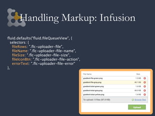 Handling Markup: Infusion
ﬂuid.defaults("ﬂuid.ﬁleQueueView", {
  selectors: {
   ﬁleRows: ".ﬂc-uploader-ﬁle",
   ﬁleName: ".ﬂc-uploader-ﬁle-name",
   ﬁleSize: ".ﬂc-uploader-ﬁle-size",
   ﬁleIconBtn: ".ﬂc-uploader-ﬁle-action",
   errorText: ".ﬂc-uploader-ﬁle-error"
},
 