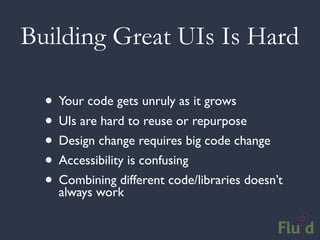 Building Great UIs Is Hard

  • Your code gets unruly as it grows
  • UIs are hard to reuse or repurpose
  • Design change requires big code change
  • Accessibility is confusing
  • Combining different code/libraries doesn’t
    always work
 