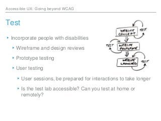 Accessible UX: Going beyond WCAG
Test
▸Incorporate people with disabilities
▸Wireframe and design reviews
▸Prototype testi...