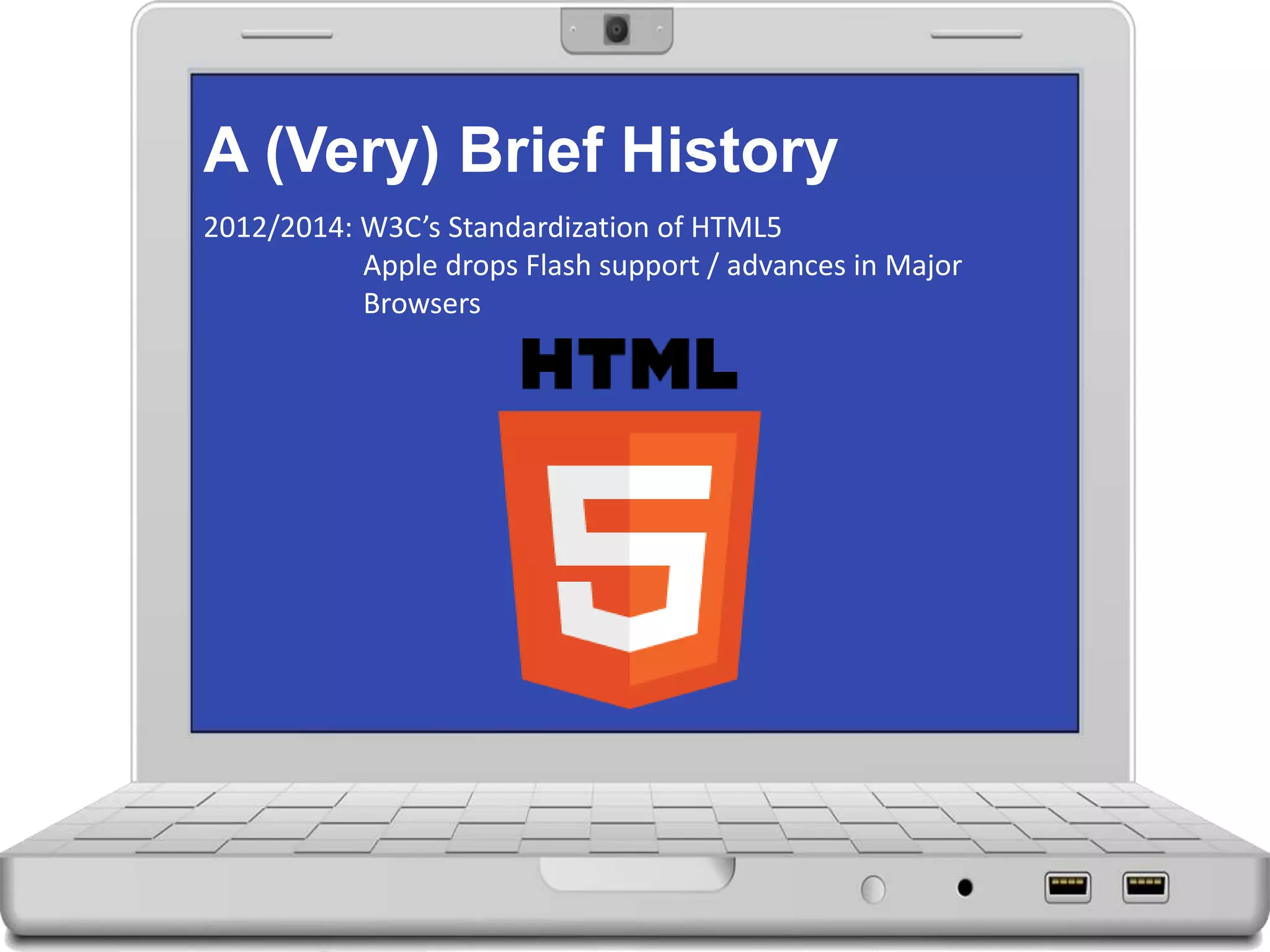A (Very) Brief History
2012/2014: W3C’s Standardization of HTML5
Apple drops Flash support / advances in Major
Browsers
 