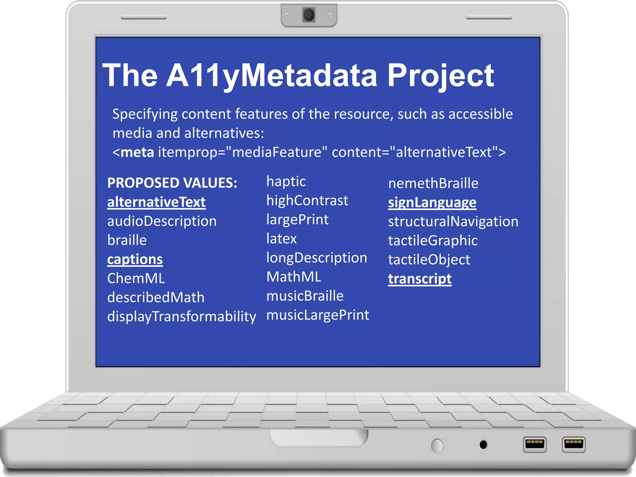 The A11yMetadata Project
Specifying content features of the resource, such as accessible
media and alternatives:
<meta itemprop="mediaFeature" content="alternativeText">
PROPOSED VALUES:
alternativeText
audioDescription
braille
captions
ChemML
describedMath
displayTransformability
haptic
highContrast
largePrint
latex
longDescription
MathML
musicBraille
musicLargePrint
nemethBraille
signLanguage
structuralNavigation
tactileGraphic
tactileObject
transcript
 