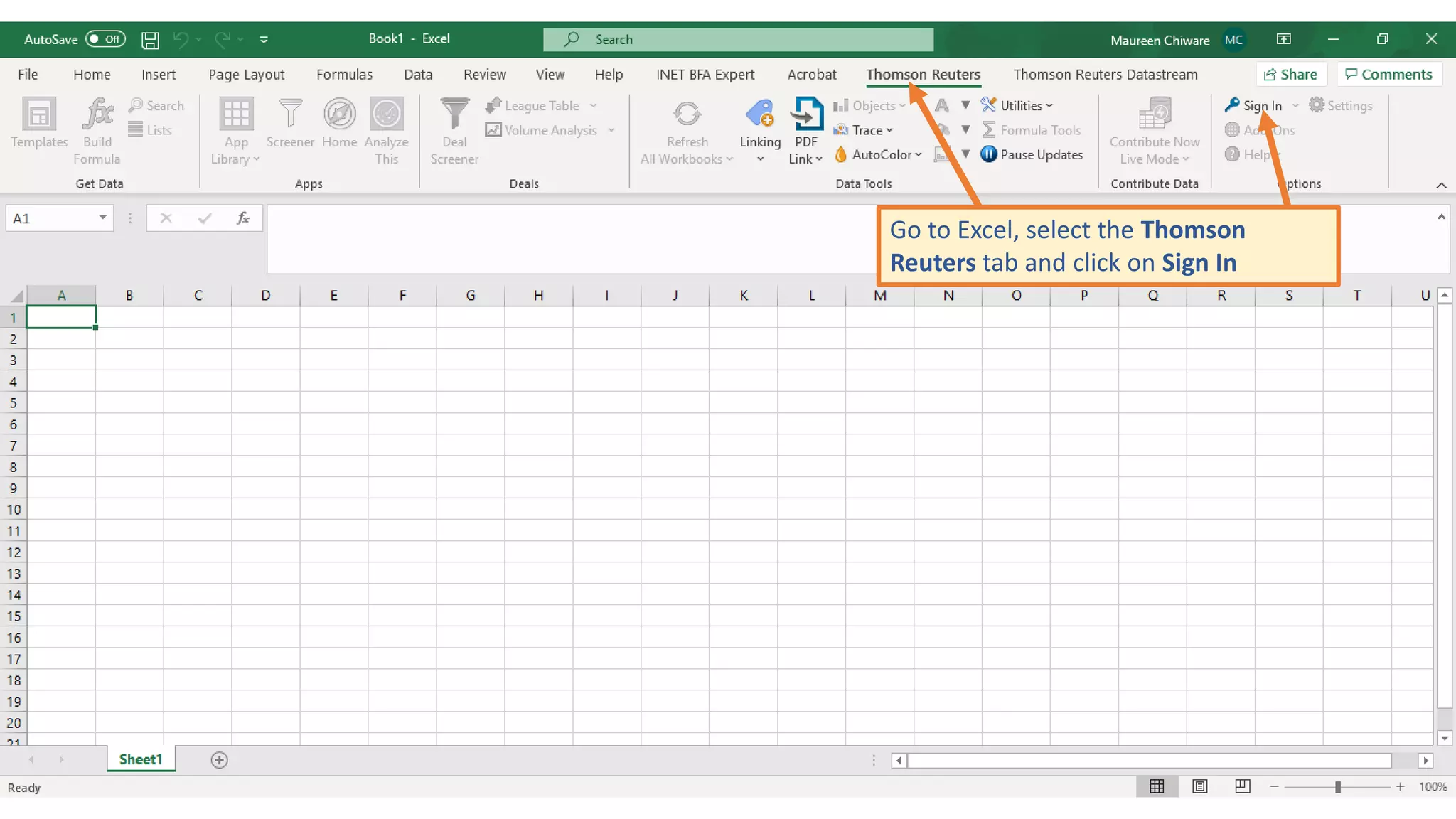 Go to Excel, select the Thomson
Reuters tab and click on Sign In
 