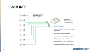 7
Serial IIoT!
Control room
SCADA using serial
scanning protocol’s
A changing world
• Telecoms provide is withdrawing the leased
lines service
• No alternative solution is available
• Existing modem technology now obsolete
• Dialup modems are problematic
• Mobil CSD Dial-up is being discontinued
• Bandwidth requirement are only going up
Dedicated Leased line
Analogue Dial-up
CSD over GSM
 