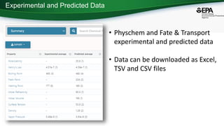 Experimental and Predicted Data
• Physchem and Fate & Transport
experimental and predicted data
• Data can be downloaded as Excel,
TSV and CSV files
 